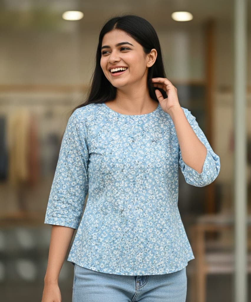 Sky Floral Summer Short Kurti Top