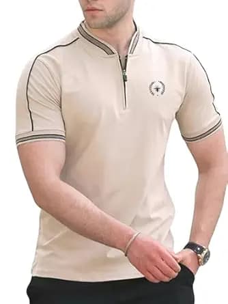 Men Zip Collar Tipped Sleeve Casual Polo T Shirt