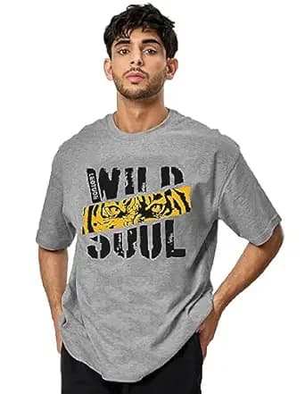 Men Grey Wild Soul Tiger Printed Casual Graphic T-Shirt