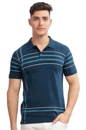 Men Blue Striped Half Sleeve Casual Polo T-Shirt