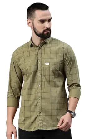 Olive Checkered Slim Fit Casual Shirt