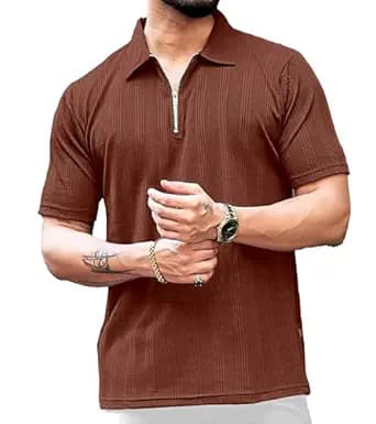 Men Brown Half Zip Polo Collar Casual T Shirt