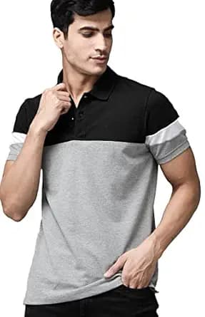 Men Grey Black Panel Casual Polo Collar Half Sleeve T-Shirt