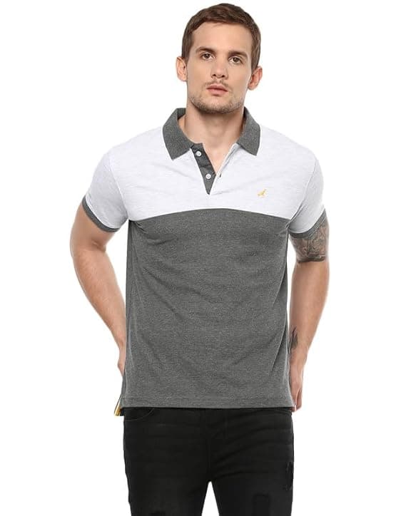 Men Grey & White Color Block Polo Collar Half Sleeve T-Shirt Casual Slim Fit Cotton Blend Stylish Everyday Wear Tee