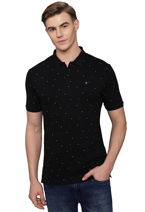 Men Black Dotted Mandarin Collar Casual Polo T-Shirt