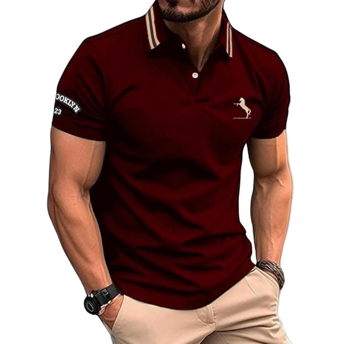 Men Maroon Polo Collar Half Sleeve T-Shirt Casual Slim Fit Solid Cotton Blend Everyday Wear Tee