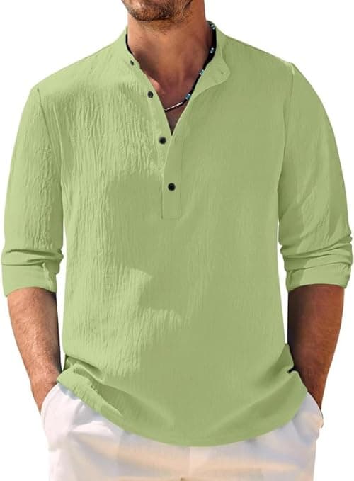 Light Olive Henley Style Casual Slim Shirt