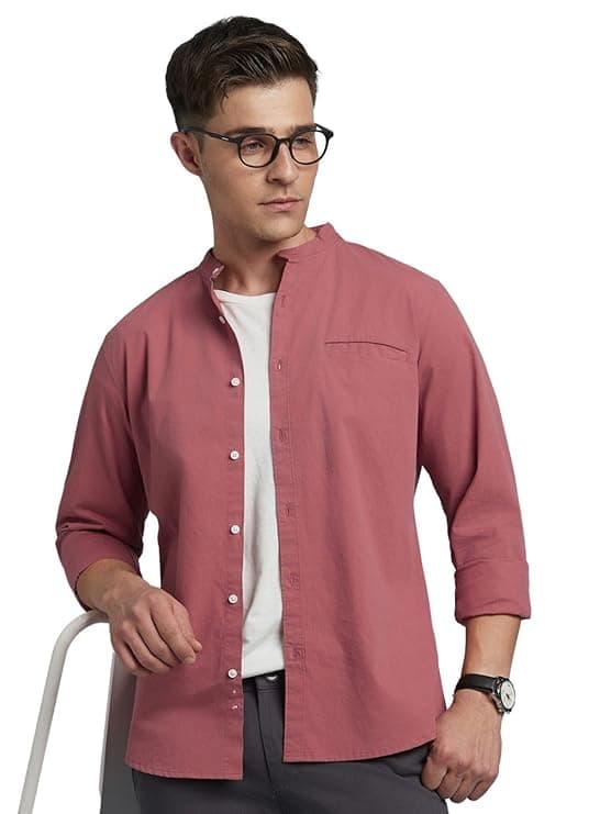 Peach Pink Plain Slim Fit Casual Shirt