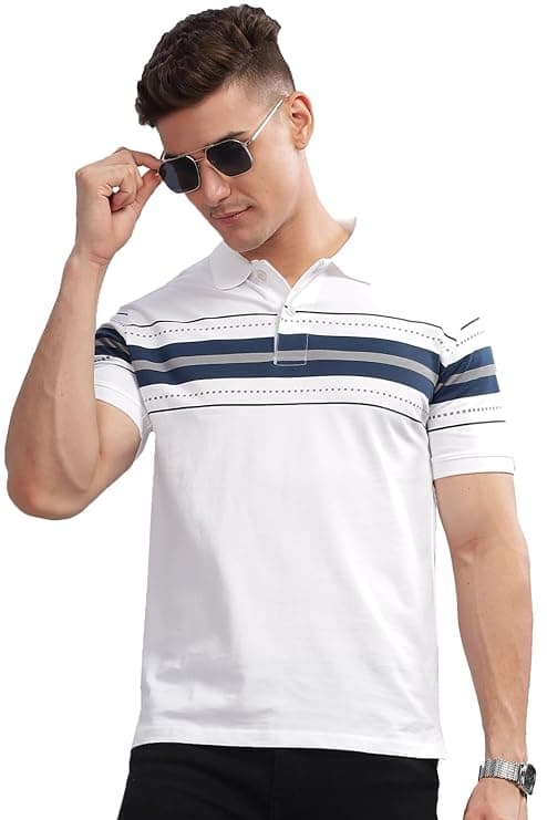 White & Navy Striped Polo T-Shirt