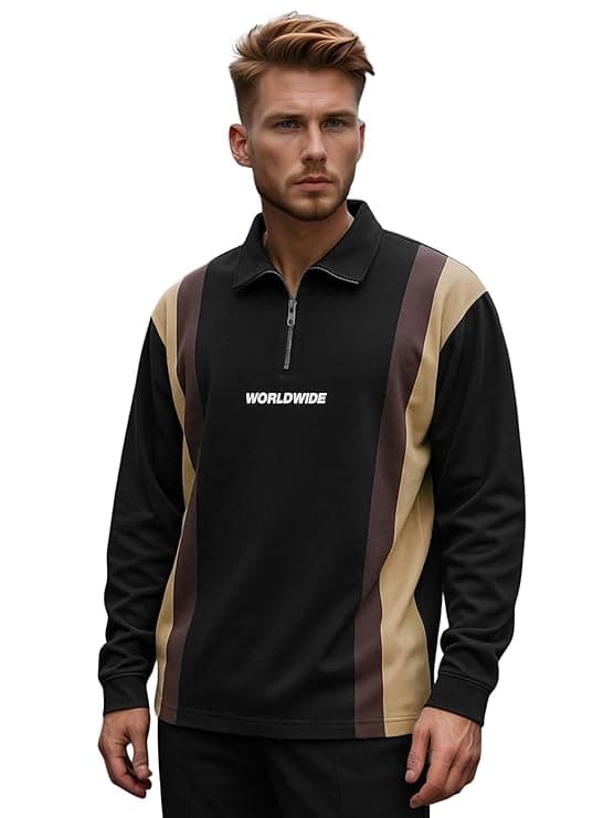 Men Vertical Panel Zip Collar Full Sleeve Casual T-Shirt