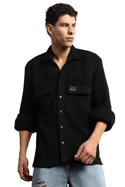 Black Textured Utility Pocket Casual Shirt