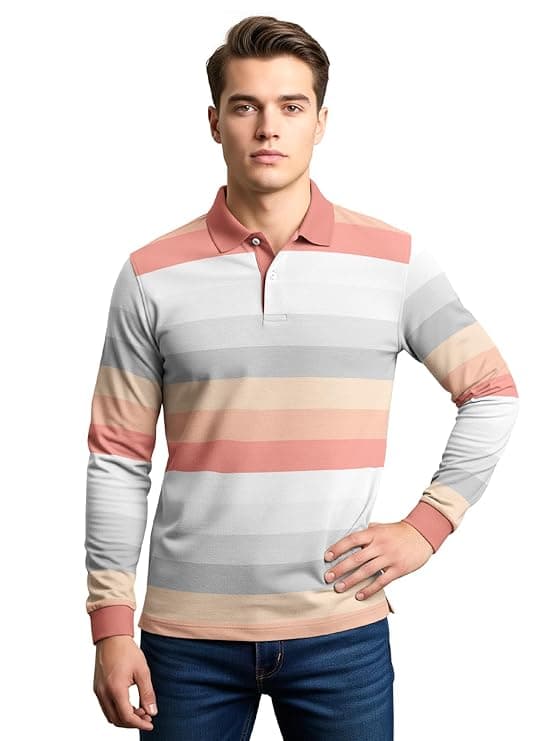 Men Pastel Striped Polo Collar Full Sleeve Casual T-Shirt