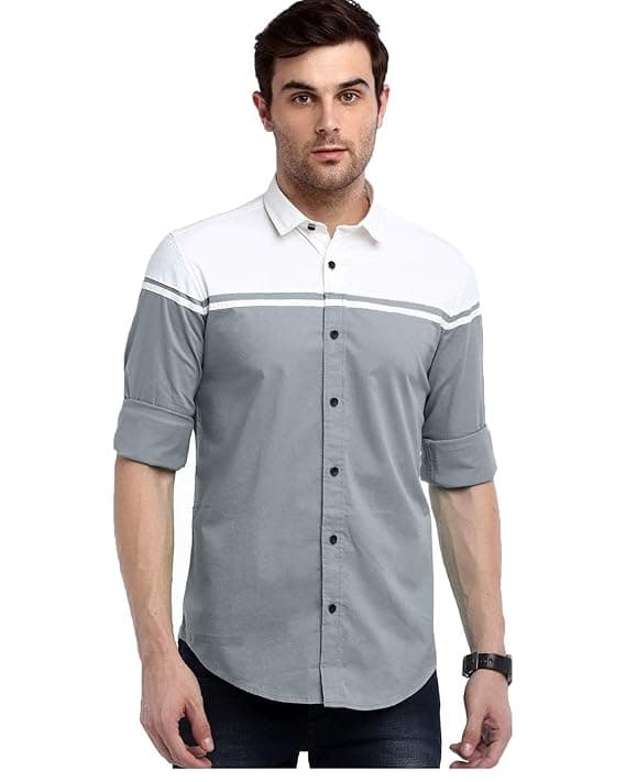 Grey Contrast Stripe Slim Fit Casual Shirt