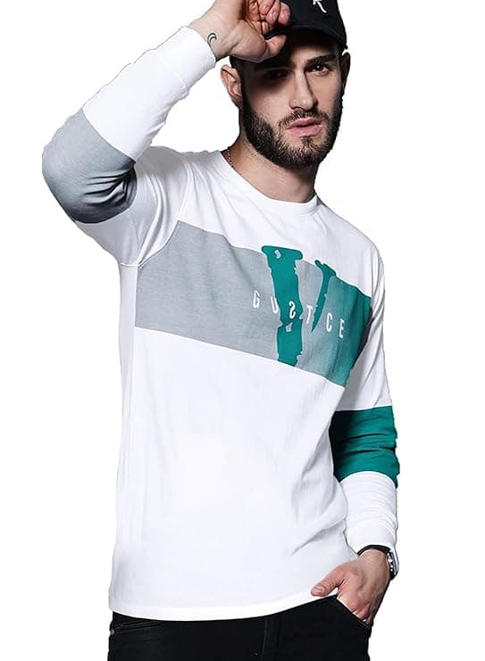 Men White & Teal Colorblock Printed Full Sleeve T-Shirt