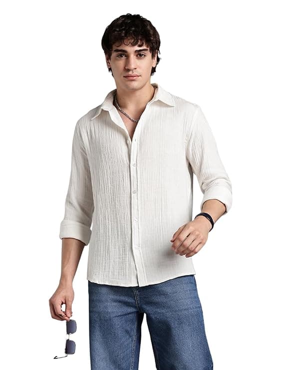 Cream Textured Slim Fit Casual Shirt