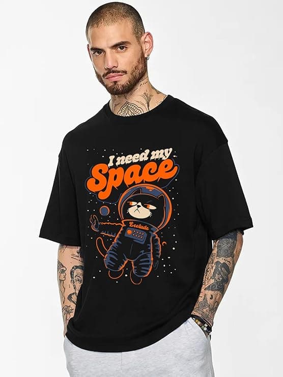 Space Cat Graphic Black Oversized T-Shirt