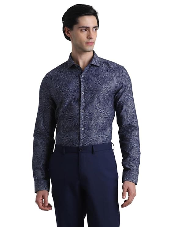Navy Blue Micro Print Formal Slim Shirt