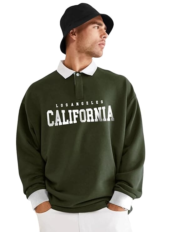 Men Green California Printed Polo Collar Sweatshirt Casual Wear