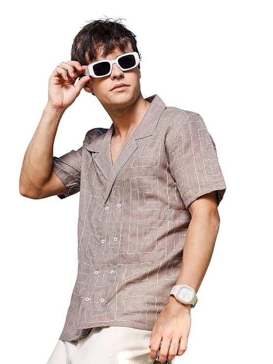 Beige Textured Half Sleeve Casual Summer Shirt