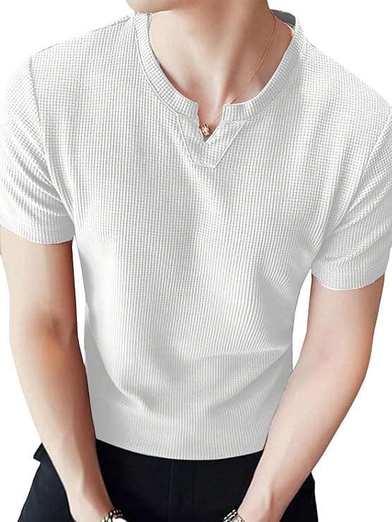 Men Solid Ribbed Henley Neck Casual Half Sleeve T-Shirt