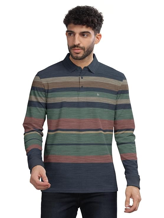 Men Striped Polo Collar Casual Full Sleeve T-Shirt
