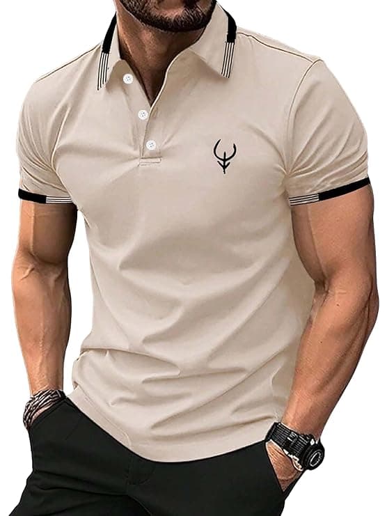 Beige Contrast Collar Slim Fit Polo T-Shirt