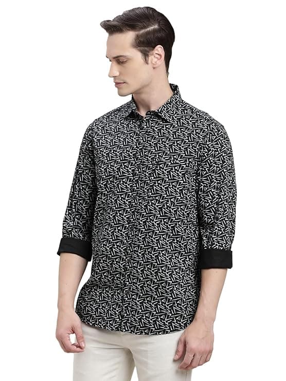 Black Abstract Print Slim Casual Shirt