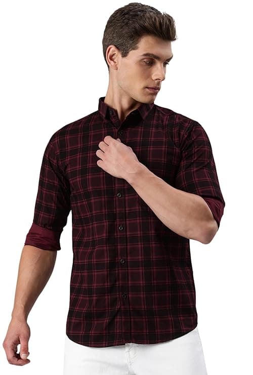 Maroon Checkered Slim Fit Casual Shirt