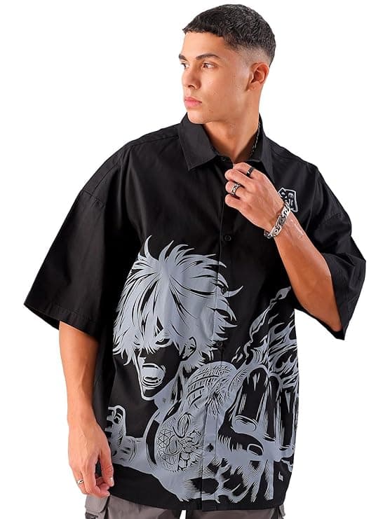 Black Anime Graphic Oversized Casual Shirt