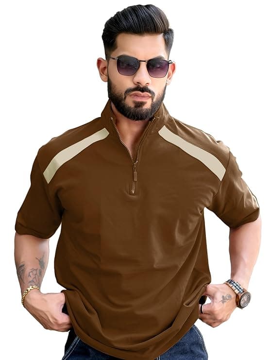 Men Shoulder Stripe Half Zip Casual T-Shirt