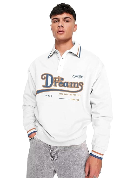 Men Stylish Typography Print Polo Collar Casual Sweatshirt