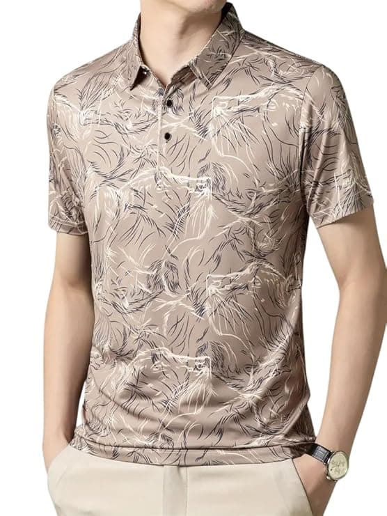 Men Printed Leaf Pattern Casual Half Sleeve Polo T Shirt