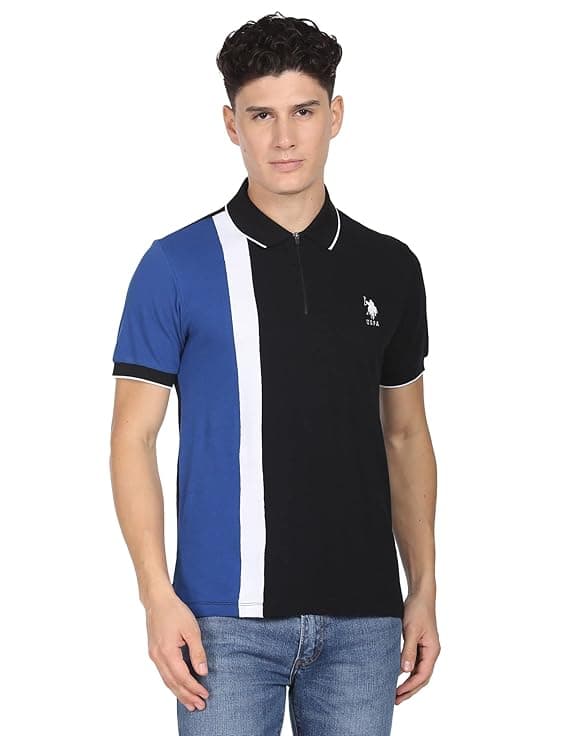 Men Vertical Panel Colorblock Casual Polo T Shirt