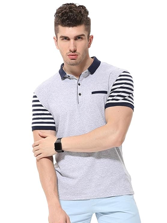 Men Stylish Striped Sleeve Polo Collar Casual T-Shirt