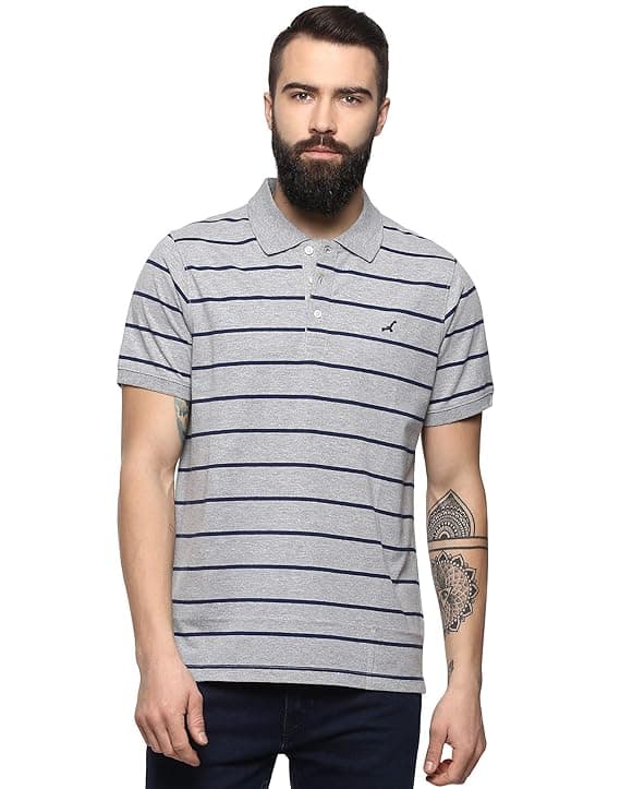 Grey Horizontal Striped Casual Polo T-Shirt