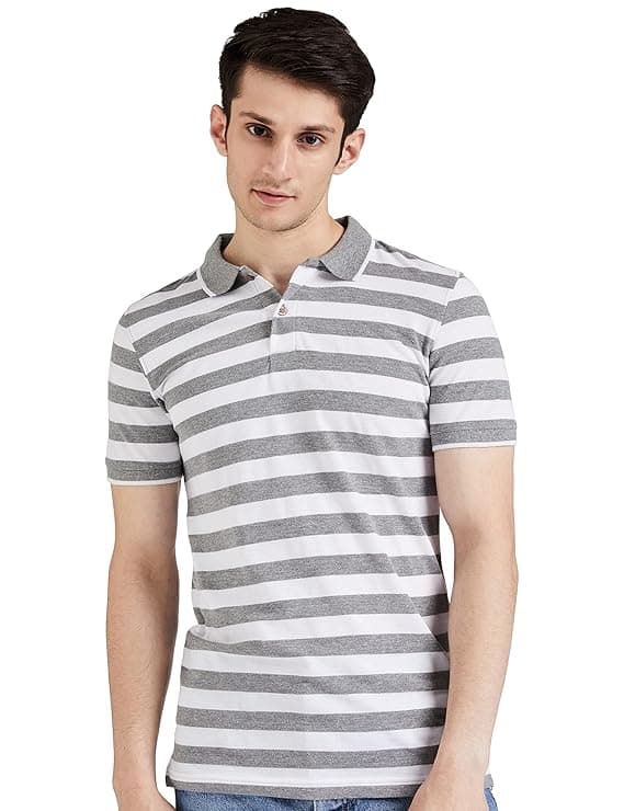 Men White Grey Striped Polo T-Shirt Casual Regular Fit Half Sleeve Collar Tee