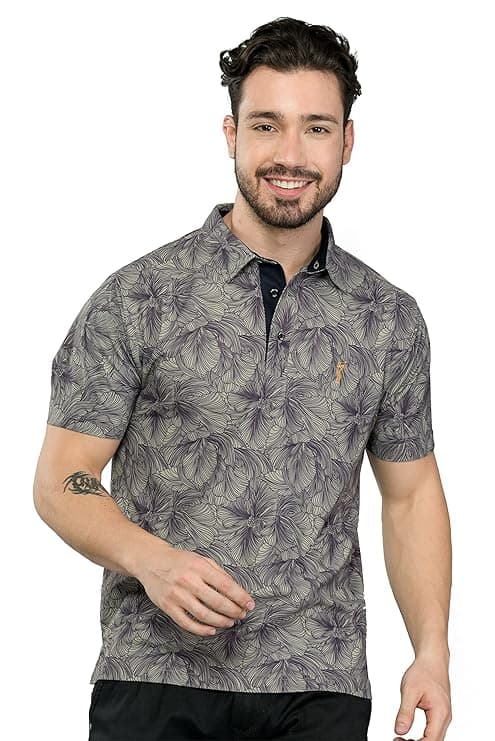 Men Grey Printed Casual Polo Collar Half Sleeve T-Shirt