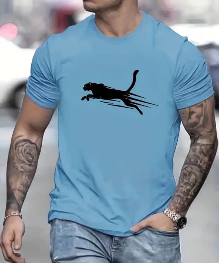 Men Sky Blue Panther Graphic Printed Casual T-Shirt