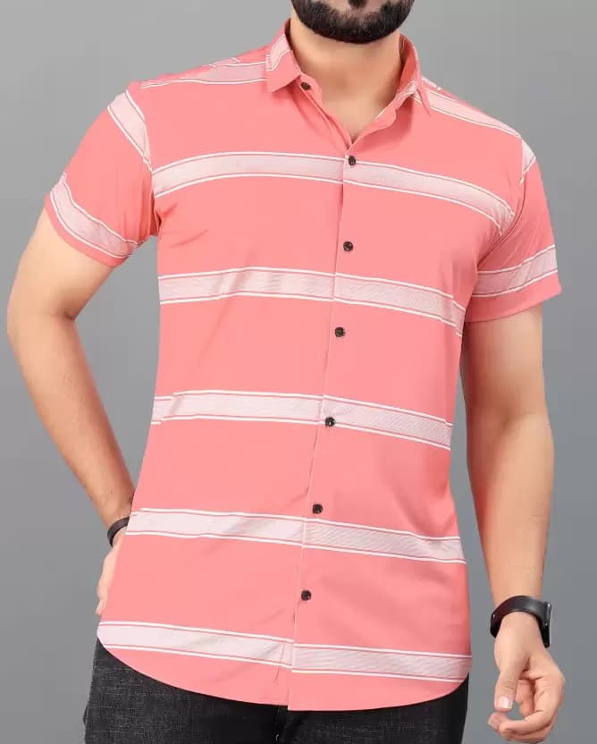 Pink White Stripe Half Sleeve Casual Shirt