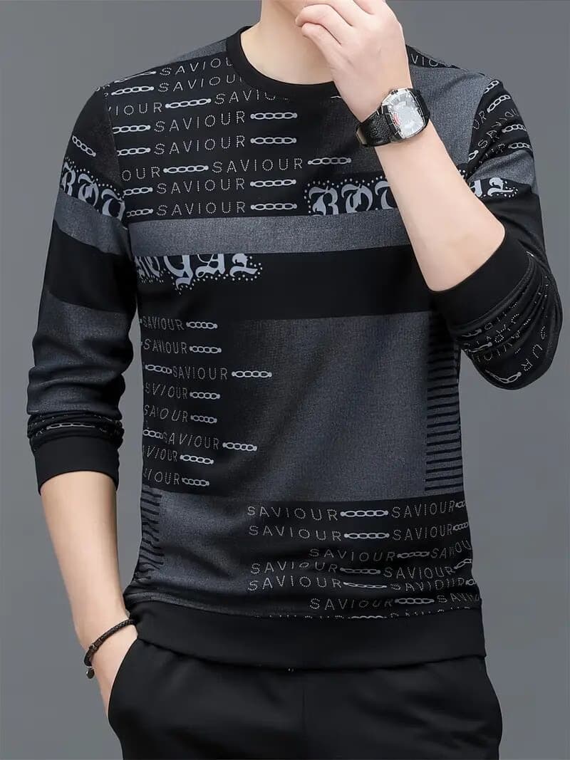 Charcoal Textured Typography Printed Full Sleeve T-Shirt