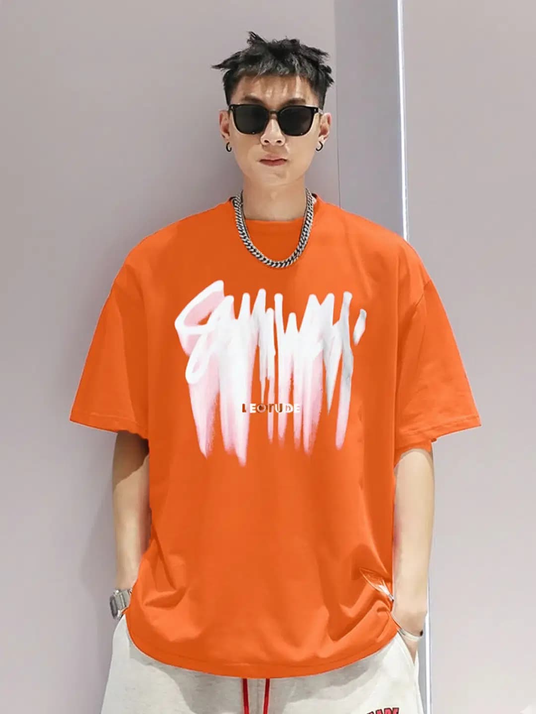 Orange Oversized Graphic Print Streetwear T-Shirt for Men
