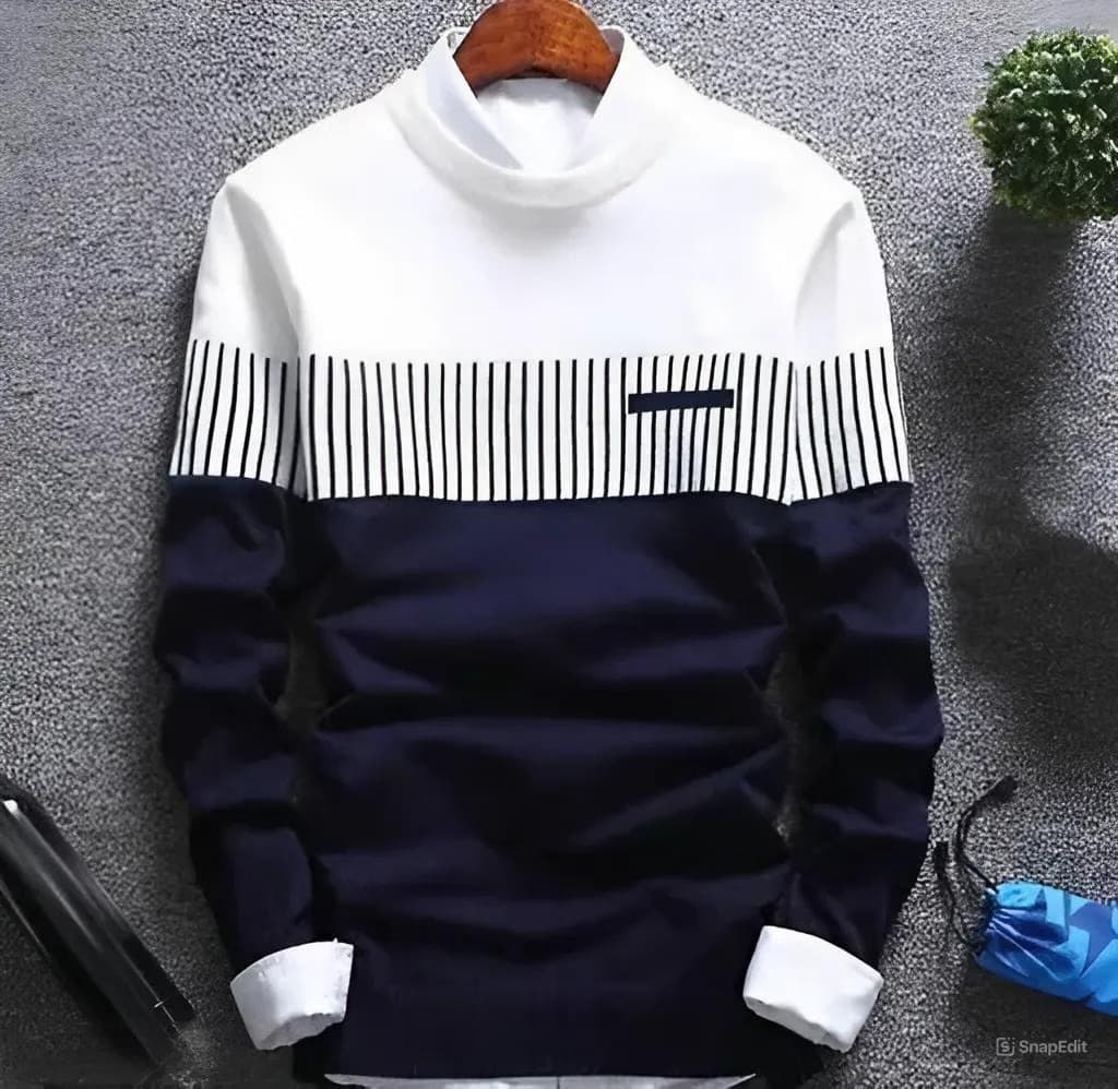 White Navy Striped High Neck Winter Sweatshirt