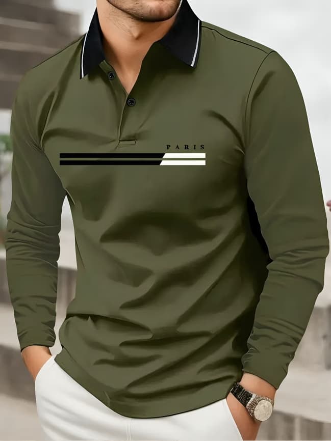 Men Olive Green Zip Placket Casual Polo T-Shirt