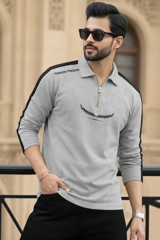 Light Grey Zipper Polo Neck Full Sleeve Casual T-Shirt for Men