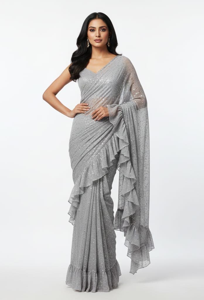 Crystal Grey Designer Ruffle Saree