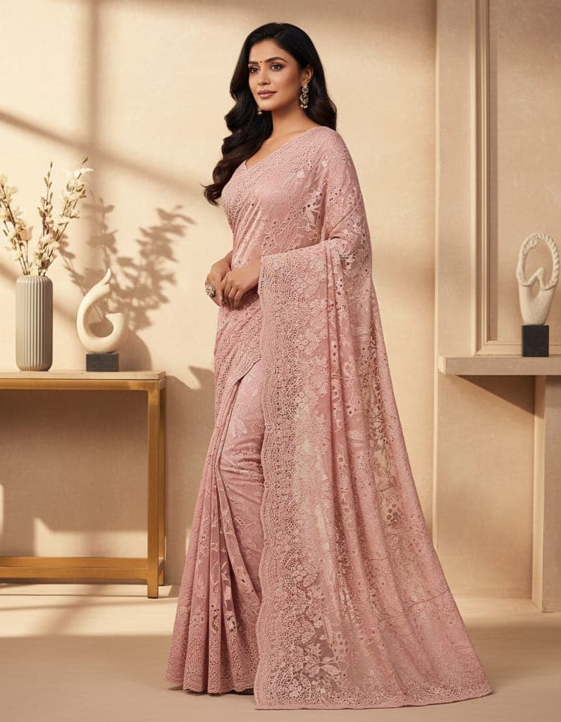 Blush Pink Cutwork Embroidery Designer Saree