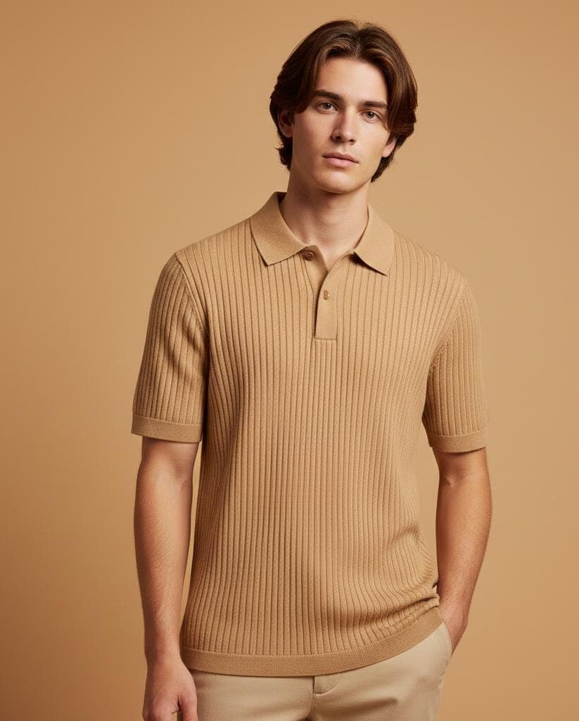 Luxeria Sand Ribbed Knit Polo T-Shirt