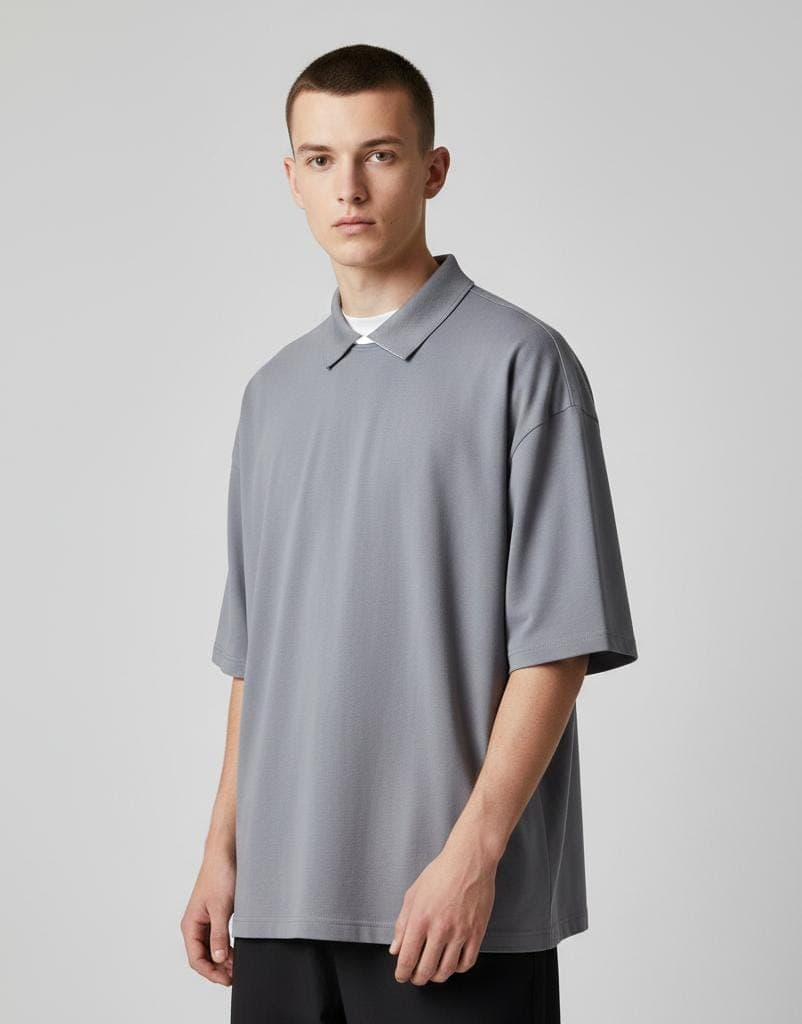 Luxeria Mist Grey Layered Collar Oversized Polo T-Shirt