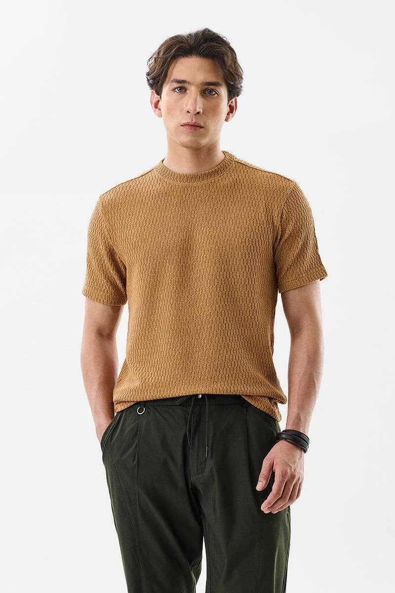 Snitch Men's Slim Fit Stretch Textured Light Brown T-Shirt