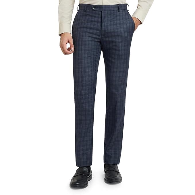 Navy Blue Checked Formal Trousers